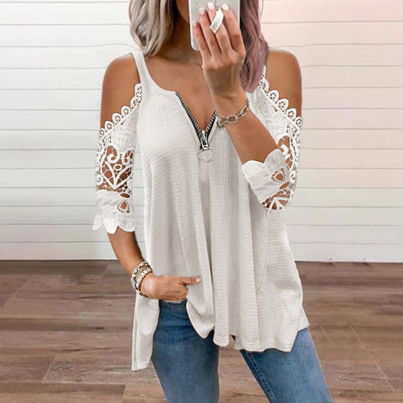 Hollis & June | Lace Cold-Shoulder Zip Top